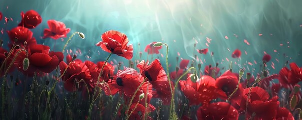 Wall Mural - Vibrant poppies dancing in the wind, 4K hyperrealistic photo