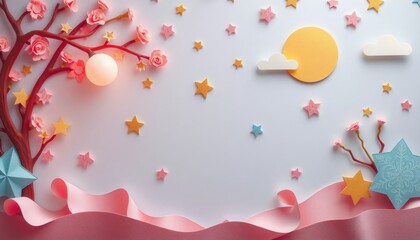 Wall Mural - Pink and yellow paper craft flowers and stars on a white background with a pink and yellow sun and cloud.