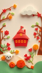 Wall Mural - Paper craft illustration of a house, trees, flowers, a cloud, and a cute animal on a beige background.