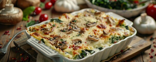 Wall Mural - Creamy mushroom and spinach lasagna, 4K hyperrealistic photo