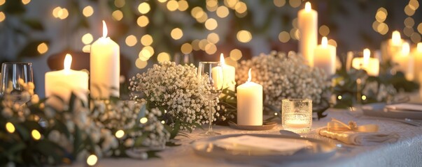 Elegant wedding table with candles and flowers, 4K hyperrealistic photo