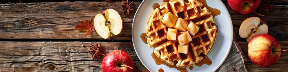 Canvas Print - Aerial Perspective of Golden Waffle Topped with Caramelized Apples on a Wooden Surface