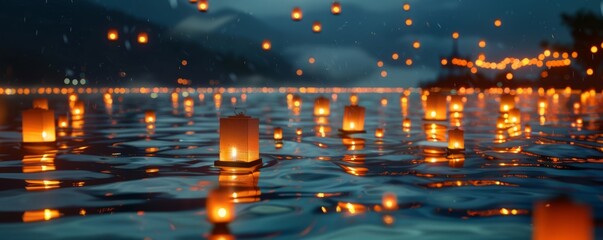 Wall Mural - Glowing lanterns floating on water during a festival night, 4K hyperrealistic photo