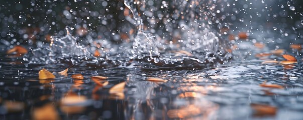 Wall Mural - Thunderstorm raindrops splashing in puddles, 4K hyperrealistic photo