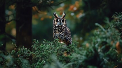 Poster - Long-eared Owl Perched on a Branch in a Forest