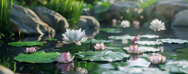 Wall Mural - Tranquil lotus flowers in a Zen garden pond, 4K hyperrealistic photo