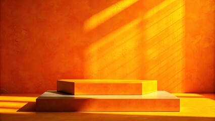 Poster - Vibrant orange cement podium in bright sunshine yellow light , vibrant, orange, cement, podium, basking, sunshine, yellow, light