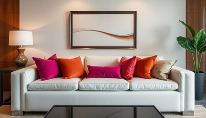 Wall Mural - a contemporary styled space with clean lines featuring a comfortable seating area with plush white upholstery and contrasting colorful throw pillows