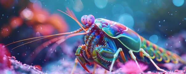 Enigmatic mantis shrimp with its vibrant colors and powerful claws, 4K hyperrealistic photo