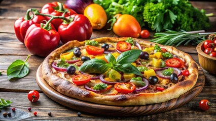 Wall Mural - Appetizing pizza topped with vibrant vegetables and aromatic herbs , pizza, appetizing, vibrant, vegetables, topping, aromatic