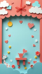 Wall Mural - Paper cut-out heart, star and giraffe with a blue background.