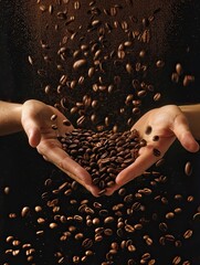 Wall Mural - two hands holding a lor of coffee beans, beans are falling down, a huge pile of beans, warm picture with generative ai