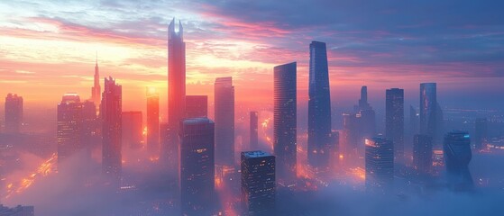 Wall Mural - Vibrant Cityscape at Sunset: Skyscrapers and Skyline Glowing in Vibrant Colors