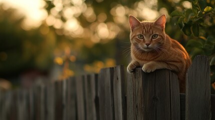 Wall Mural - Orange Tabby Cat Sitting on a Wooden Fence