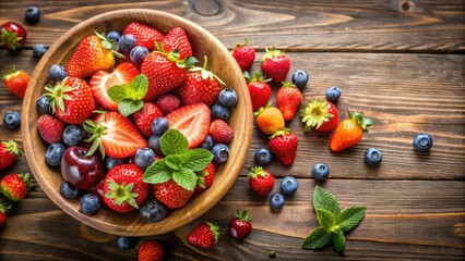 Wall Mural - Fresh strawberries in a bowl, artfully decorated with assorted fruits, strawberries, bowl, fruit, decoration, appetizing, vibrant