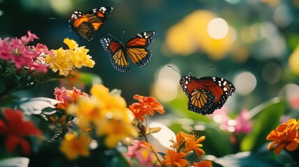 Wall Mural - Butterflies in Flight Over a Vibrant Garden