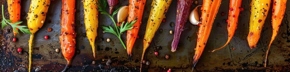 Poster - Oven-Roasted Baby Carrots with Pepper, Garlic, and Seasoning on a Baking Sheet