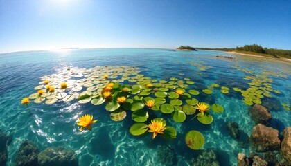 A peaceful coastal lagoon with crystal-clear turquoise water, dotted with bright yellow water lilies, under a brilliant midday sun.