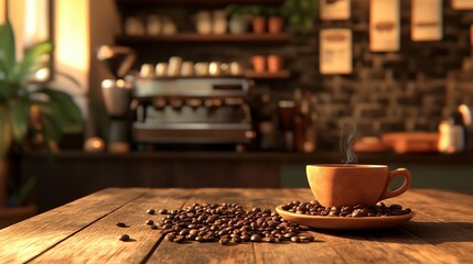 Wall Mural - Cozy Coffee Shop Ambiance: Warm Lighting Enhancing Textures of Coffee Beans and Cup