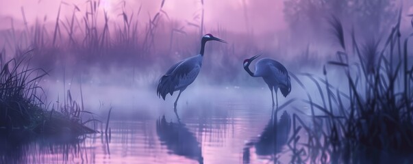 Wall Mural - Elegant cranes dancing in misty wetlands, 4K hyperrealistic photo