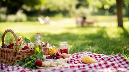 Picnic baskets filled with food and personal items were wrapped in reusable paper bags and placed on blankets on the green grass