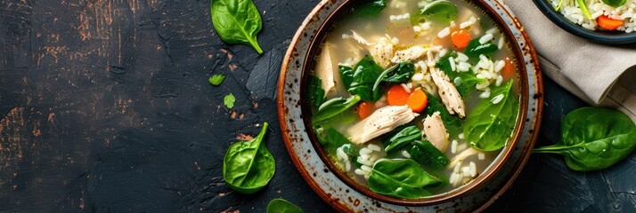 Chicken soup with spinach and rice served in a bowl on a table