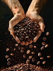 Wall Mural - two hands holding a lor of coffee beans, beans are falling down, a huge pile of beans, warm picture with generative ai