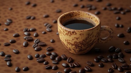 Wall Mural - Elegant Coffee Composition with Off-Center Cup and Scattered Beans for Sophisticated Vibes