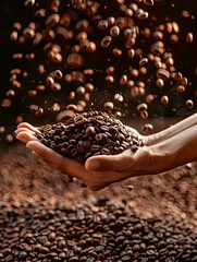 Wall Mural - two hands holding a lor of coffee beans, beans are falling down, a huge pile of beans, warm picture with generative ai