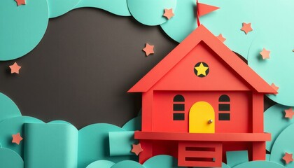 Wall Mural - Red Paper House With Clouds And Stars.