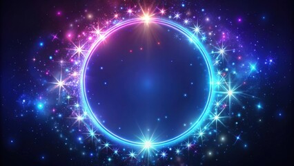 Poster - Neon light circular frame surrounded by sparkling stars, neon, light, circular, frame, stars, sparkling, glow