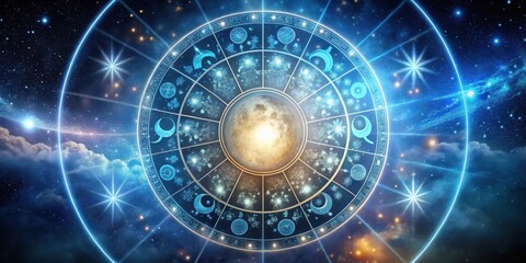 Astrology and horoscope concept with zodiac signs in a celestial circle surrounded by stars and moons, zodiac signs