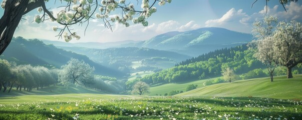 Verdant hills covered in spring blossoms, 4K hyperrealistic photo,