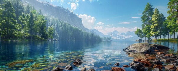 Clear lake with a rocky shore and pine trees, 4K hyperrealistic photo