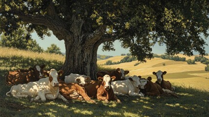 Wall Mural - Cows Relaxing in the Shade of a Tree