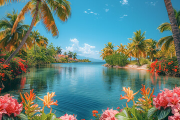 With a wide-angle view of a tropical paradise on a sunny summer day, vibrant mockup design captures essence of relaxation and joy, as palm trees sway gently in warm breeze, crystal-clear waters sparkl