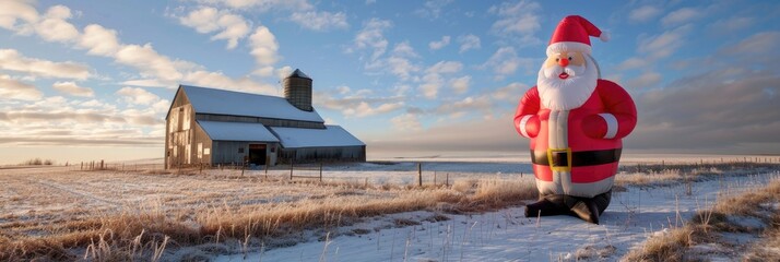 Inflatable Santa Claus next to a small silo and grain storage bin in a bright winter countryside setting