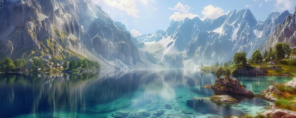 Canvas Print - Sunlit mountain peaks with a clear blue lake, 4K hyperrealistic photo,