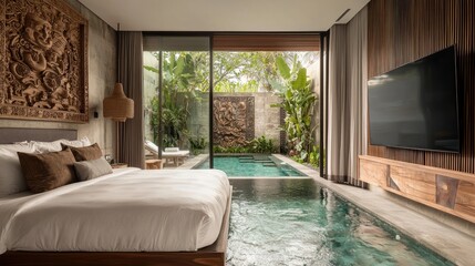 Sticker - Luxurious Bedroom with Indoor Pool and Tropical Garden View