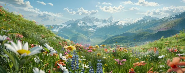 Wall Mural - Hills with a variety of wildflowers and distant mountains, 4K hyperrealistic photo,