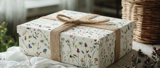 Wall Mural - Beautifully Wrapped Floral Gift Box in Rustic Setting