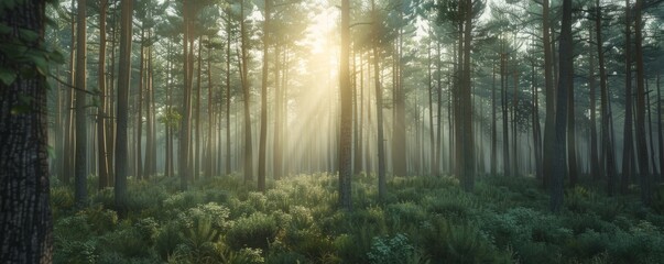 Wall Mural - Dense pine forest with sunlight filtering through, 4K hyperrealistic photo,