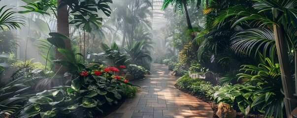 Wall Mural - Serene park with a butterfly conservatory, 4K hyperrealistic photo