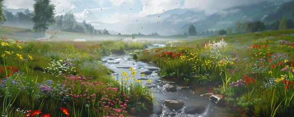 Poster - River flowing through a field of wildflowers, 4K hyperrealistic photo