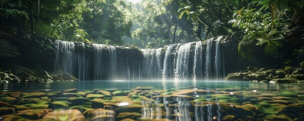 Poster - Forest waterfall cascading into a clear pool, 4K hyperrealistic photo