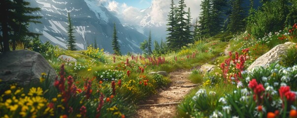 Wall Mural - Rocky mountain trail with wildflowers and trees, 4K hyperrealistic photo,