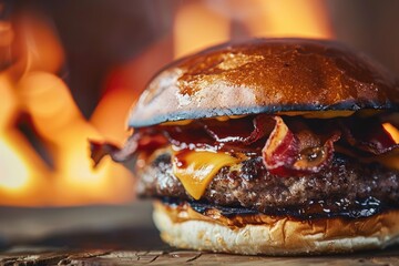 Wall Mural - Close-up of a burger with bacon and cheese, with fire in the background adding to the grilling atmosphere