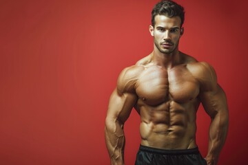 Wall Mural - Cropped view of a fit man with a muscular build, presenting against a solid color background, blending intelligence and physical fitness for a dynamic look