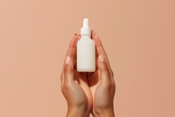 Hands softly cradling a white bottle of essential oil, set against a solid color backdrop, perfect for a beauty flyer that emphasizes purity and minimalist design