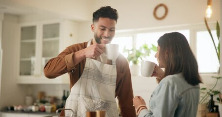 Poster - Morning, coffee and couple toast in home kitchen with conversation, cup and mug with drink. Cheers, communication and love of people with smile, house and marriage talking for breakfast plan with tea